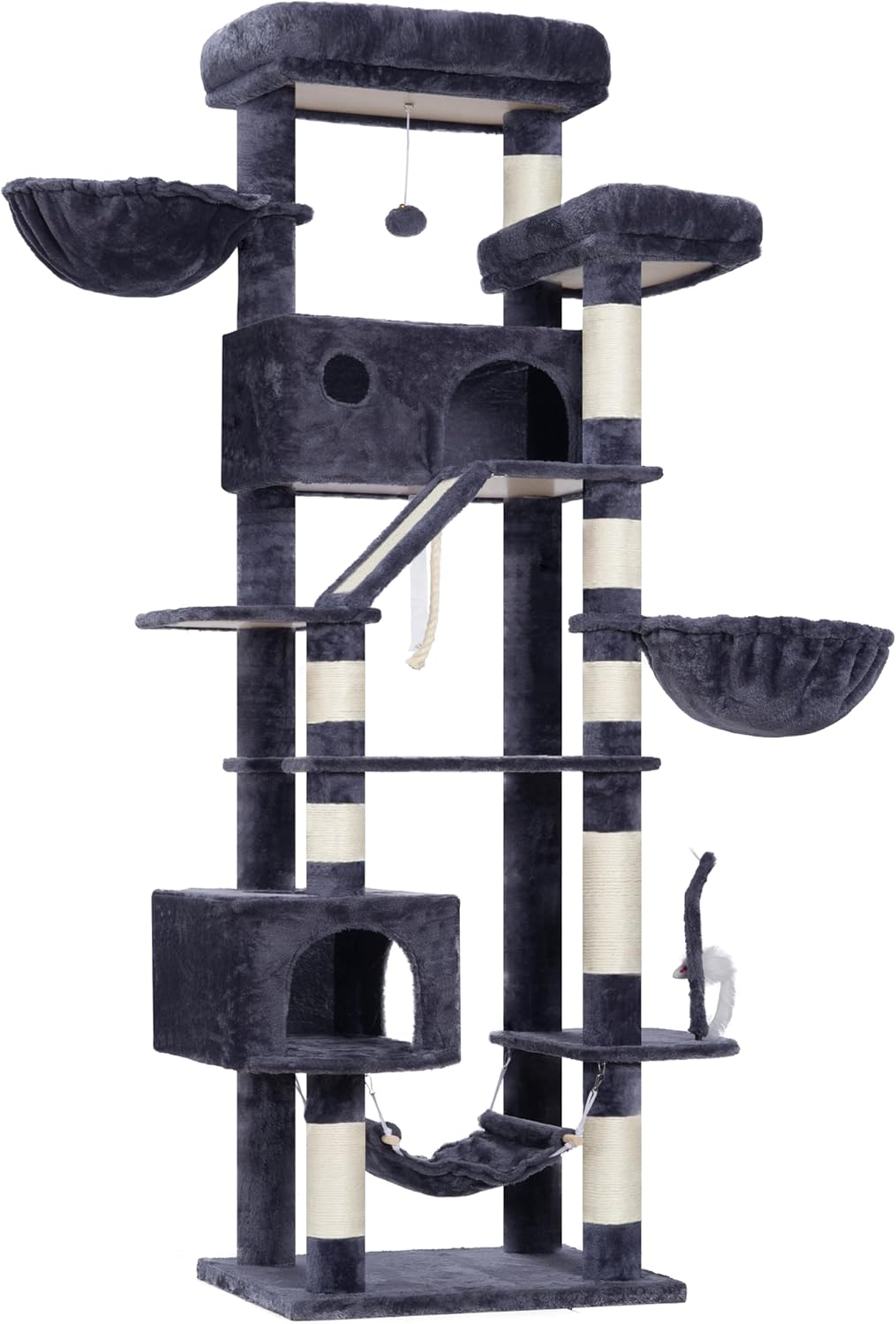 Krabpaal groot, kattenboom, grote katten, stabiel voor binnen, 200 cm, kattenkrabpaal met ruime platforms, kattenholen, hangmat, sisalzuilen, rookgrijs GCT031G