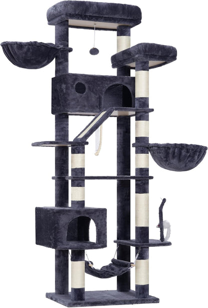Krabpaal groot, kattenboom, grote katten, stabiel voor binnen, 200 cm, kattenkrabpaal met ruime platforms, kattenholen, hangmat, sisalzuilen, rookgrijs GCT031G