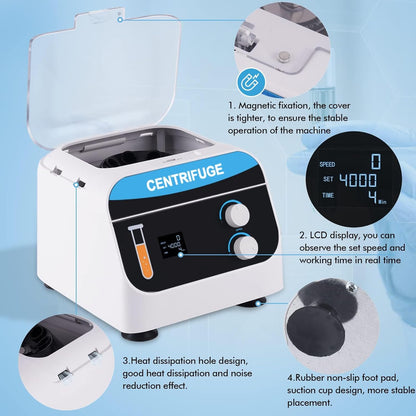 YUCHENGTECH Laboratoriumcentrifuge Tafelcentrifuge Digitale Lage Snelheid Centrifuge 8x20ml 4000 rpm 0-999 Min 1920xg voor Centrifugebuisjes van 5 ml/7 ml/10 ml, 28x26x21cm 5kg