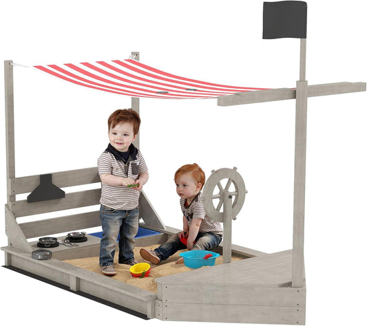 Outsunny Sandkasten Sandkiste groß mit Abdeckung im Schiff Design Matschekiste aus Holz Segelschiff Spielhaus mit Küchenspielset Aufbewahrung für Kinder 3-7 Jahre Grau 180 x 103 x 144 cm