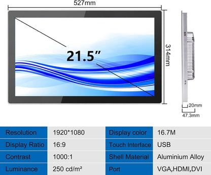 GrenTouch 21,5 inch LCD-monitor met 10-punts touchscreen en aluminium behuizing. Geïntegreerde touchscreen-monitor voor industrie, geneeskunde en detailhandel.