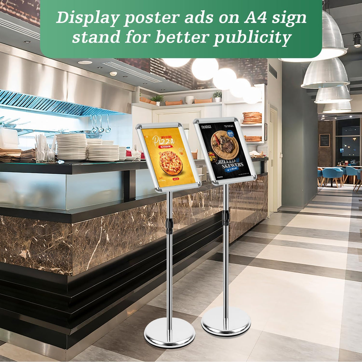 A4 Bordhouder – Bordstandaard – Posterstandaard – Displaystandaard – Menukaarthouder – Set van 6, Zilver – In Hoogte Verstelbaar 81 tot 132 cm – 360° Draaibaar