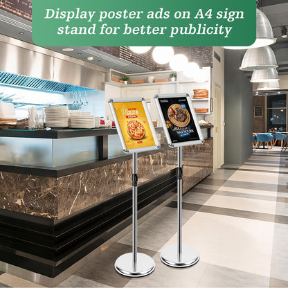 A4 Bordhouder – Bordstandaard – Posterstandaard – Displaystandaard – Menukaarthouder – Set van 6, Zilver – In Hoogte Verstelbaar 81 tot 132 cm – 360° Draaibaar