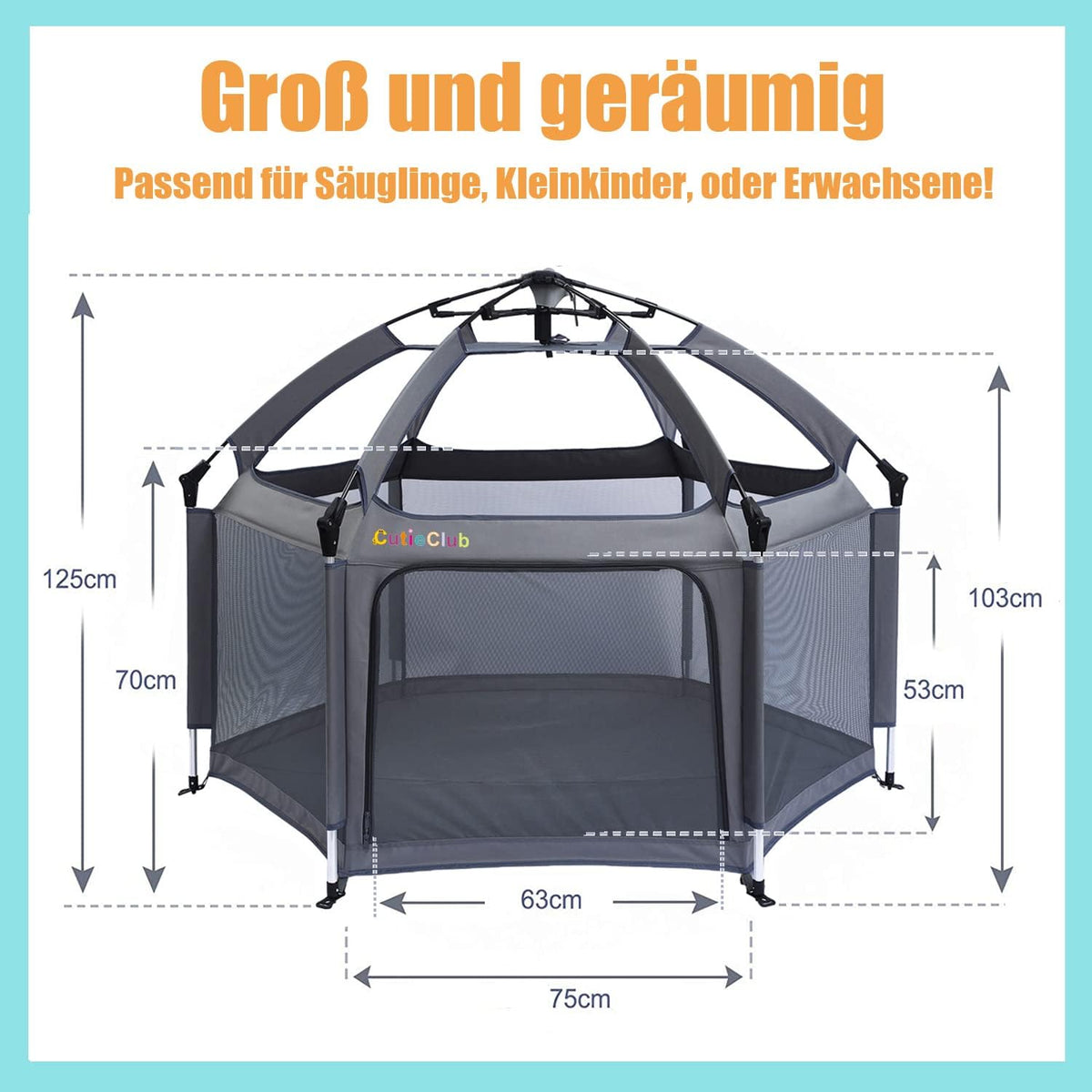 Foldable Baby Playpen with Mattress, Square, Play Playpen with Anti-UV Canopy, Travel Box with Carry Bag, for Home, Garden, Beach, Outdoor, Grey - QUORE