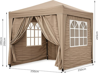 QUICK STAR pop-up paviljoen, 2,5 x 2,5 m, beige met 4 Easy-klittenband zijwanden met 2 ritsen vouwpaviljoen
