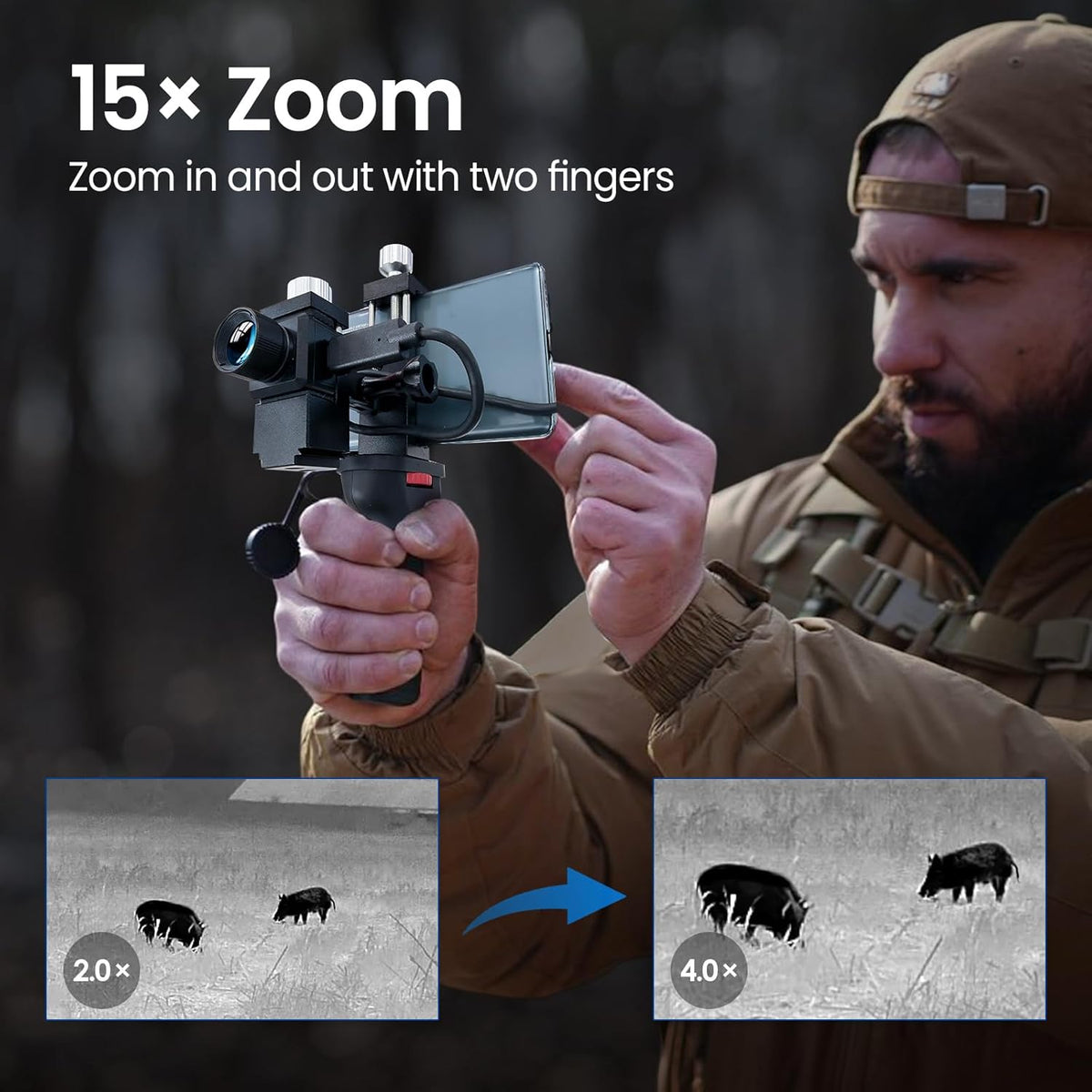 Warmtebeeldcamera voor Phones T2 Pro warmtebeeld-monoculair voor jacht 1579 yards 15 x zoom warmtebeeldverrekijker met tactische handgreep en Scope Mount (T2 Pro-Android)