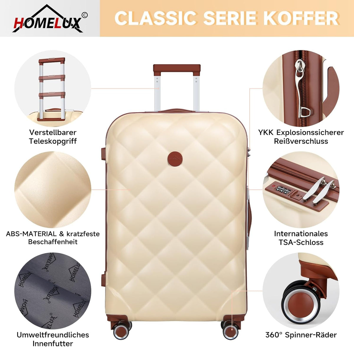 HOMELUX Kofferset 3-delig hardshell reiskoffer ABS lichte trolley rolkoffer hardshell koffer set - M-L-XL, beige, set, kofferset