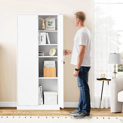 Steel Storage Cabinet, Steel Filing Cabinet with Lock, 4 Adjustable Shelves, Double Doors, Multifunctional Tool Cabinet for Study Room, Garage, White
