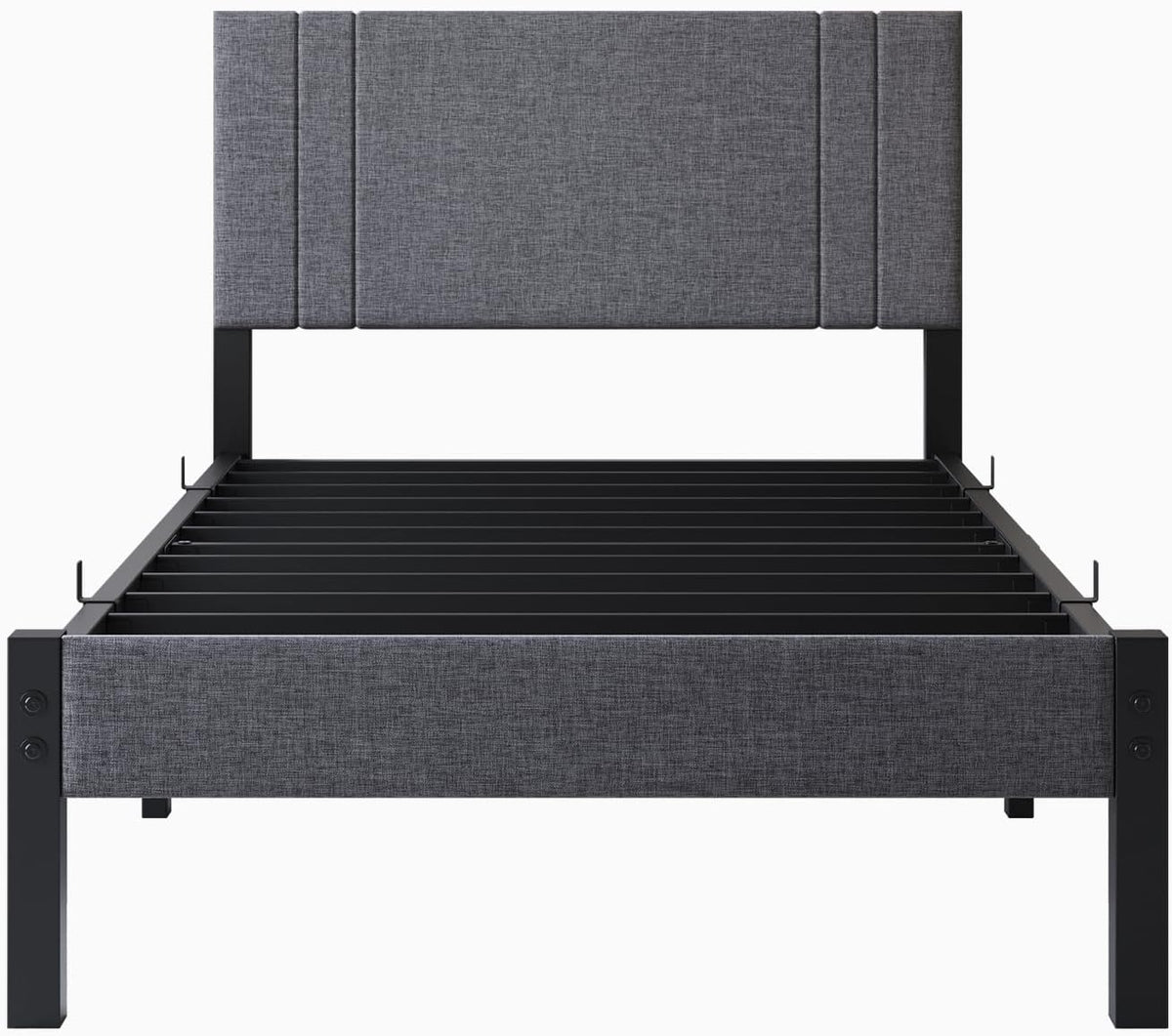 DUMEE Bedframe voor eenpersoonsbed, van metaal met hoofdeinde en plank, 0,9 m, gevoerd metalen frame met verbeterde ondersteuning, geen veren, geen lawaai, eenvoudige montage, grijs