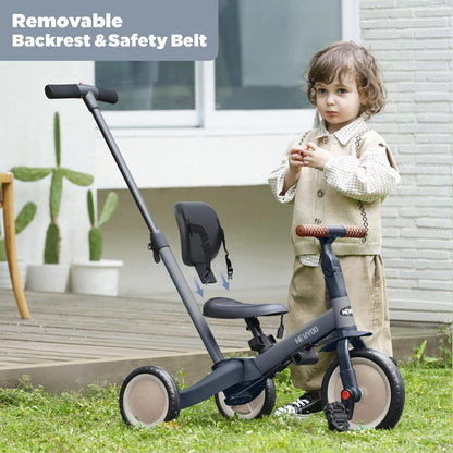 newyoo Tricycle 5 en 1, draisienne à partir de 1 an, avec barre de poussée, pour enfants à partir de 1, 2, 3 ans, avec pédales amovibles et siège réglable, Donkergrijs