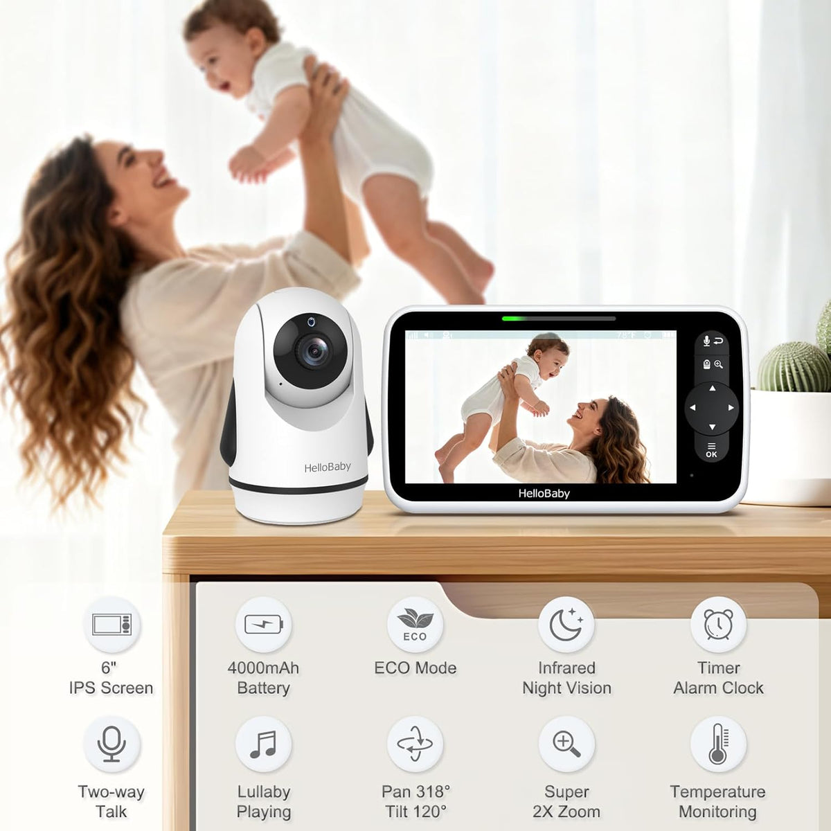 HelloBaby 6-Inch Babyfoon, Groot Scherm met Camera en Audio, 4000 mAh Batterij en ECO Modus, Nachtzicht, Geen WiFi, Tweewegcommunicatie en 8 Slaapliedjes, Op Afstand Bedienbare PTZ Camera