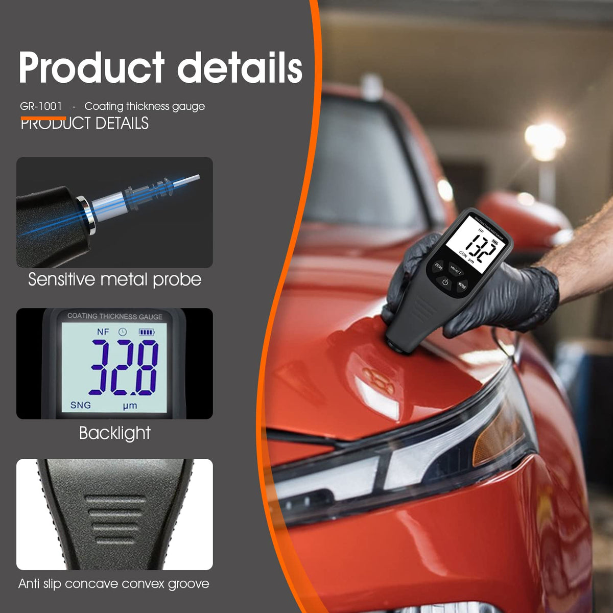 Laagdiktemeter digitale lakdiktemeter met sensor voor automatische Fe-NF-meting meetbereik 0-1500 um (0-59,1 mil) Automotive Car Paint Depth Gauge Test LCD achtergrondverlichting