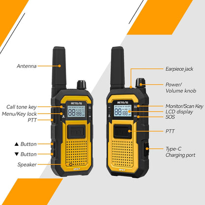 Retevis RB648 Walkie Talkie, IP67 Waterdichte Tweewegradio, Dubbele PTT, SOS-Vibratie, 2000mAh, Heavy-Duty Walkie-Talkie met Oortelefoon voor Bouwplaatsaannemers (4 Stuks, Geel)