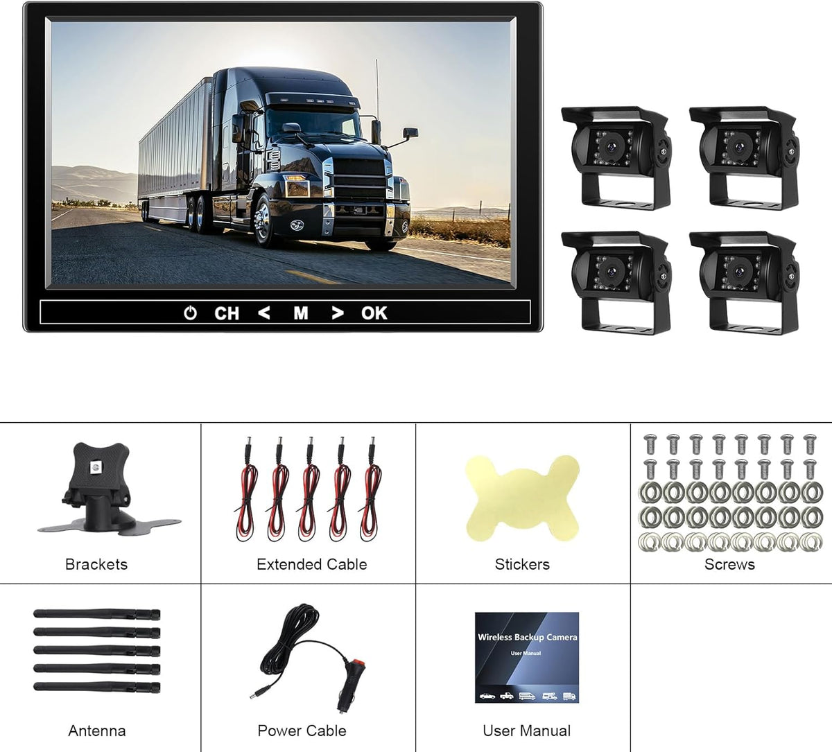 Draadloze 4 HD-Achteruitrijcameraset met 9’’ Ips-Schermmonitor voor Voertuigen met Splitscreen BSD Nachtzicht Ip68 Waterdicht 12-36 V, Geschikt voor Vrachtwagens/Bussen/Bestelwagens en Alle Modellen