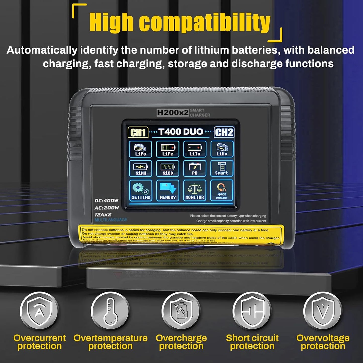 LiPo Oplader – RC Acculader – Batterijlader – Accu Oplader – RC Charger – Dubbel Kanaal – 3,2 Inch Kleuren-Touchscreen – 200W AC / 400W DC