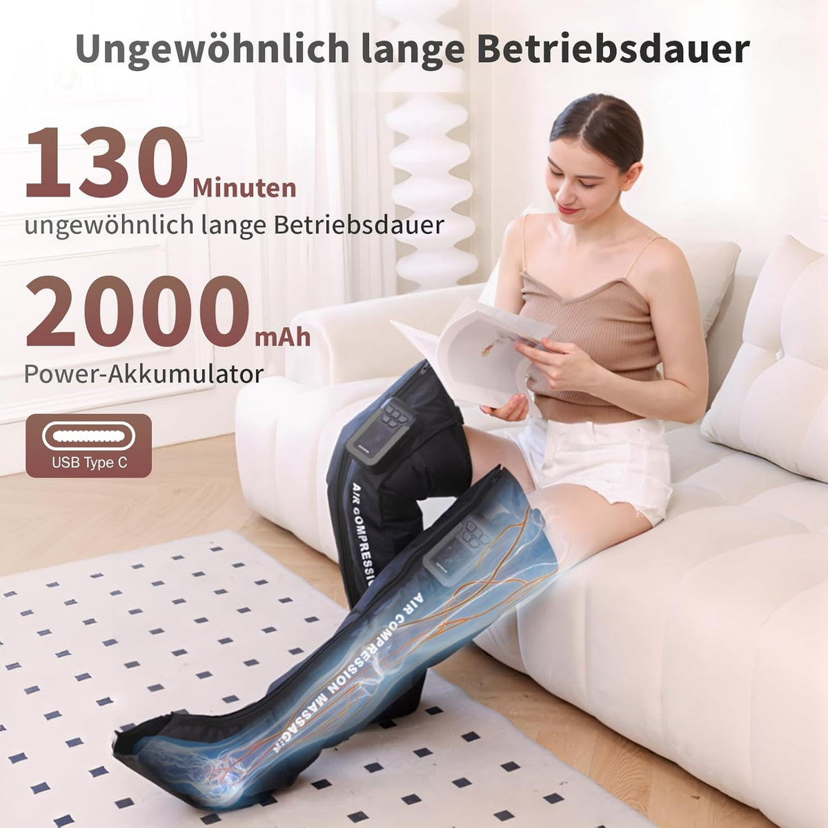 Mono Draadloze recovery Boot, enkele compressielaarzen voor spierregeneratie en doorbloeding, drukgolftherapie (sport/regeneratie/lymfedrainage) (XL beenomtrek < 70 cm)
