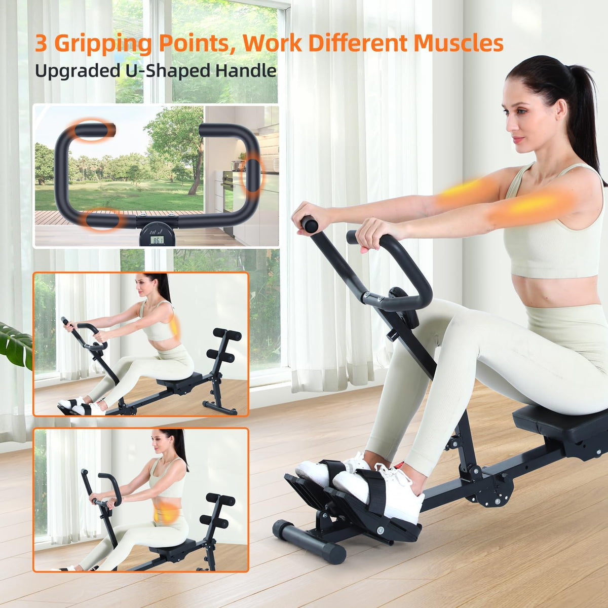 Rowing Machine for Home, Sportneer Hydraulic Rowing Machine Foldable with 12 Resistance Levels, Fitness Device for Home, Abdominal Trainer with U-Handle & Backrest, Maximum Load 135 kg - QUORE