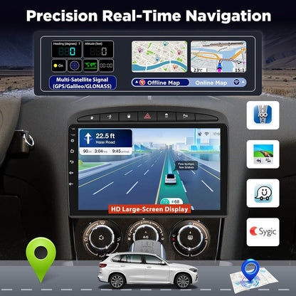 8 Core 6+128GB Autoradio voor Peugeot 308 408 2007–2015, Android Touchscreen Radio met Draadloze CarPlay, GPS WiFi DSP HiFi, Plug & Play Upgrade + Achteruitrijcamera