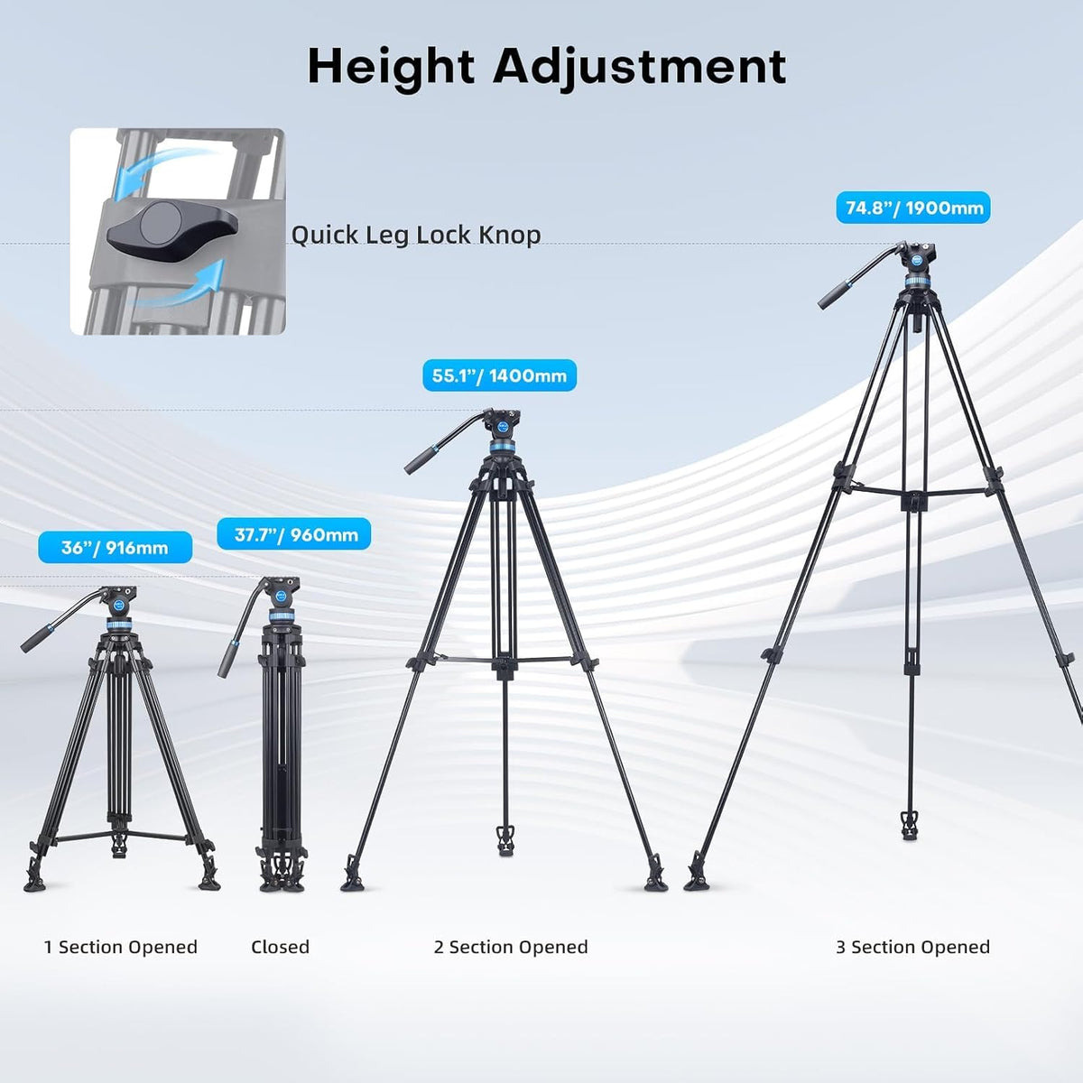Camera Videostatief met Vloeistofkop – Driepootstatief, Tripod, Camerastatief, Camcorder Statief – Voor Camera, Camcorder En DSLR – Aluminiumlegering – 91 Tot 190 Cm Verstelbaar, Draagvermogen 10 Kg