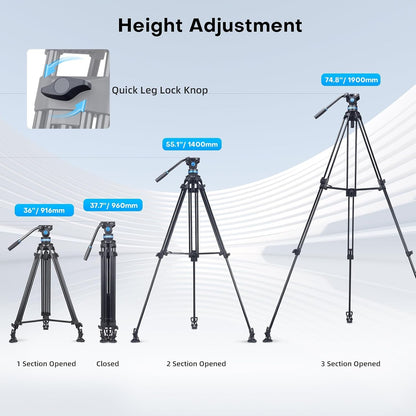 Camera Videostatief met Vloeistofkop – Driepootstatief, Tripod, Camerastatief, Camcorder Statief – Voor Camera, Camcorder En DSLR – Aluminiumlegering – 91 Tot 190 Cm Verstelbaar, Draagvermogen 10 Kg