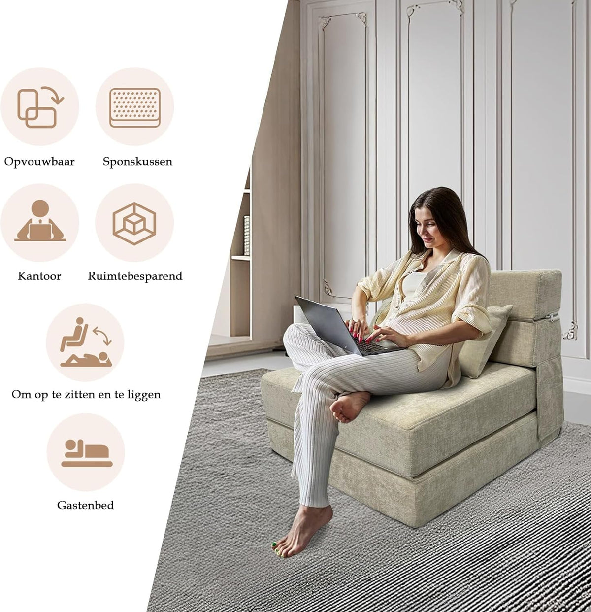 ANONER Divan-lit flexibel 70 x 190 cm, met kussen, de zitplaats zet om in matras, afneembare divanhousse, perfect voor kleine kamers en multifunctionele ruimtes, Beige