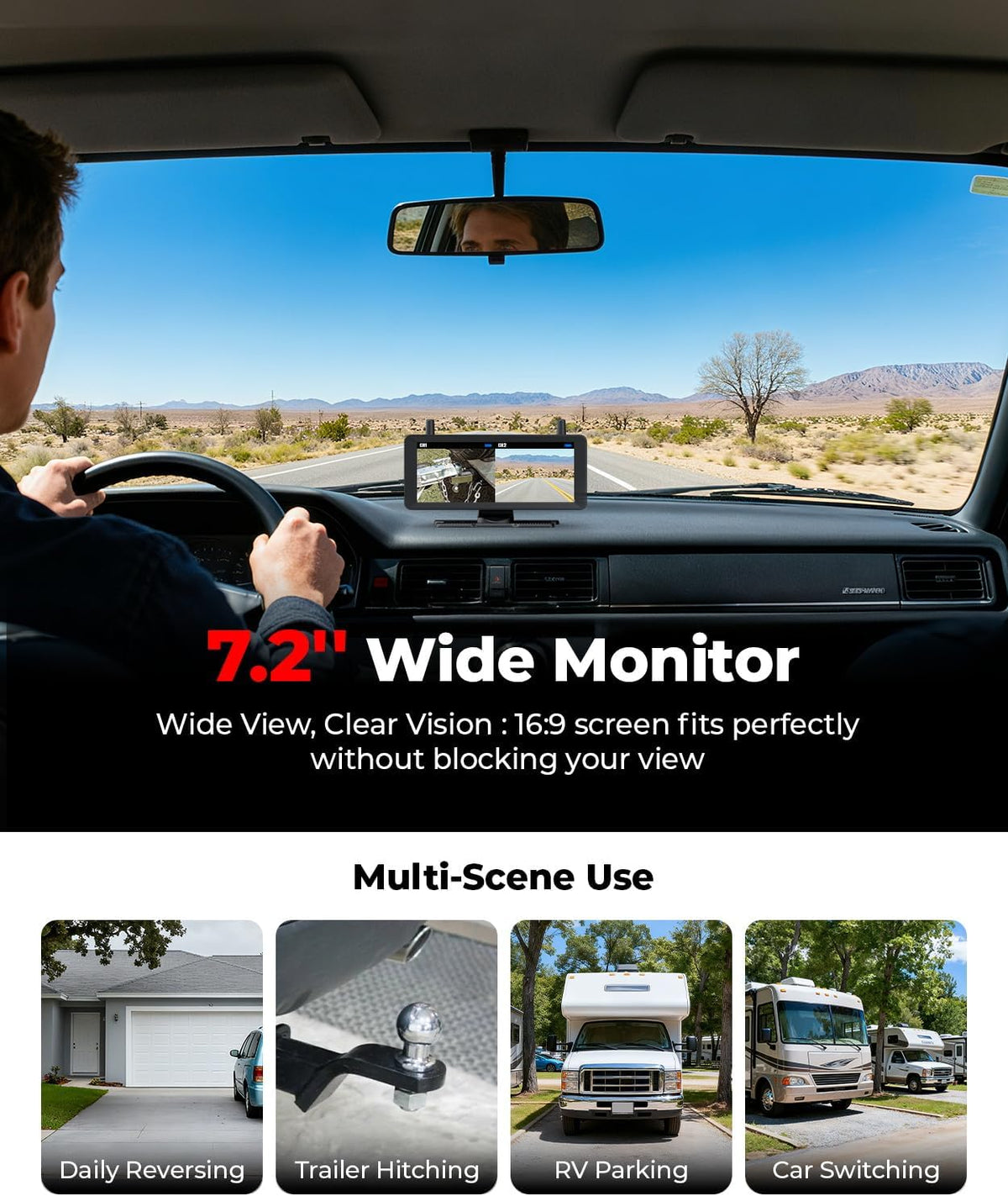 Dubbele achteruitrijcamera op zonne-energie, draadloze magneet: 2 min DIY installatie 7,2 inch 1080P Dual Channel monitor met DVR opname dubbele achteruitrijcamera's camper aanhanger paardenaanhanger