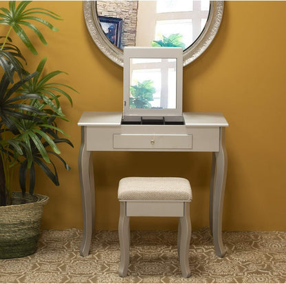 DRW Make-uptafel met spiegel en bank van hout, wit, 80 x 40 x 74 cm en 36,5 x 29 x 46 cm