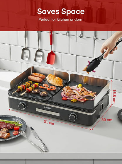 FOHERE Elektrische grill, 2400 W, tafelgrill met 2 gescheiden regelbare grillplaten (glad en geribbeld), duo-grillsysteem, 5-traps temperatuurregeling (zwart)
