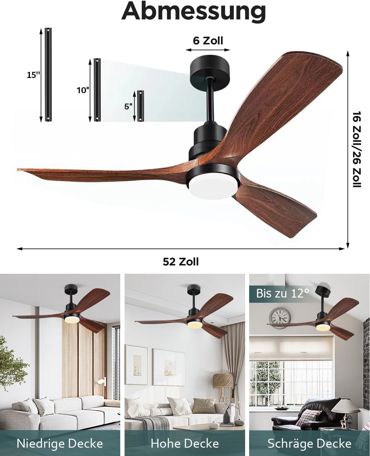 Plafondventilator met verlichting en afstandsbediening, stille DC-motor, 52 inch (132 cm), 3 vleugels, timer, 6 snelheden, ETL-vermeld, zomer, winterfunctie, walnoot