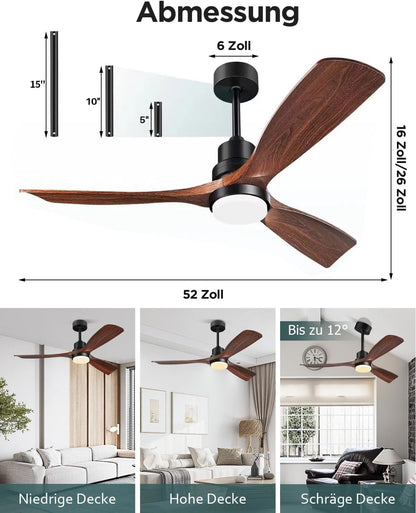 Plafondventilator met verlichting en afstandsbediening, stille DC-motor, 52 inch (132 cm), 3 vleugels, timer, 6 snelheden, ETL-vermeld, zomer, winterfunctie, walnoot