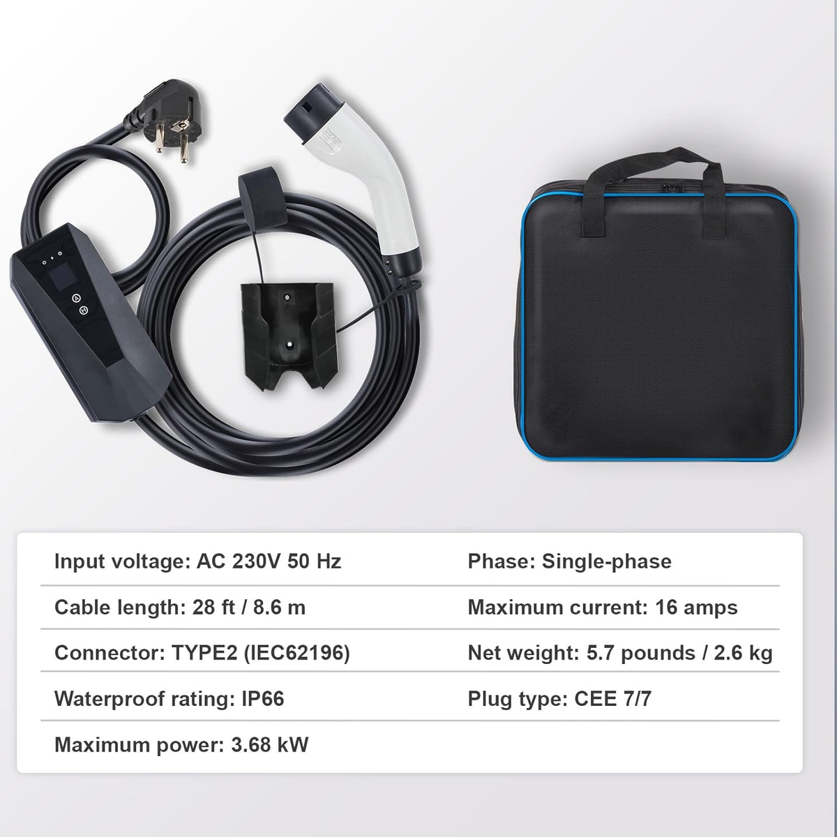 VEVOR draagbare EV-oplader met LCD-scherm 3,68 kW elektrische auto-oplader EV-laadkabel Type 2 (IEC62196) CEE 7/7 Plug 16A 1-fase EV-laadstation 8,6 m Kabellengte IP66 Waterdichte Wallbox