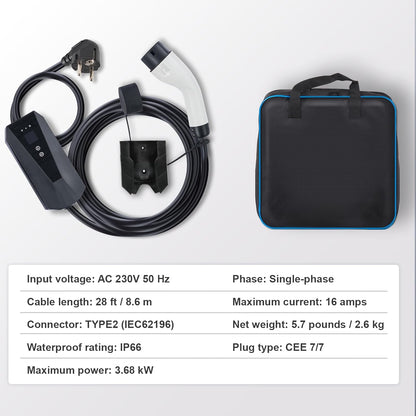 VEVOR draagbare EV-oplader met LCD-scherm 3,68 kW elektrische auto-oplader EV-laadkabel Type 2 (IEC62196) CEE 7/7 Plug 16A 1-fase EV-laadstation 8,6 m Kabellengte IP66 Waterdichte Wallbox