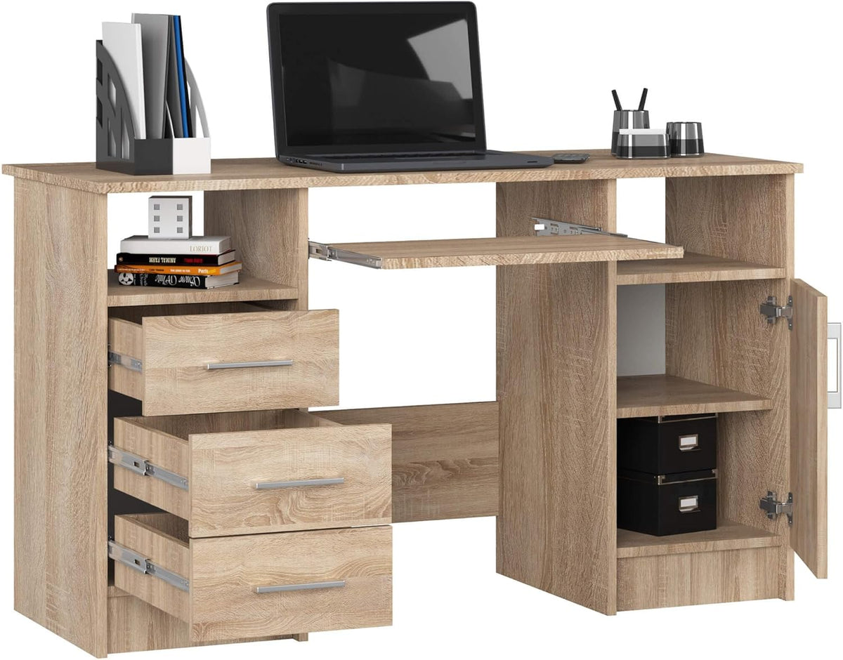 Computer table Ana, desk with 3 drawers, 1 shelf with door, 2 open shelves, 124 x 74 x 52 cm, 45 kg - QUORE