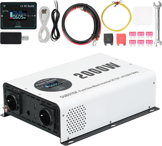 Omvormer, 2000 W/4000 W, zuivere sinus, DC 12 V naar AC 230 V, met draadloze afstandsbediening, lcd-display, 2 AC-stopcontacten, 2 USB A en 1 type C, spanningsomvormer voor camper, thuis