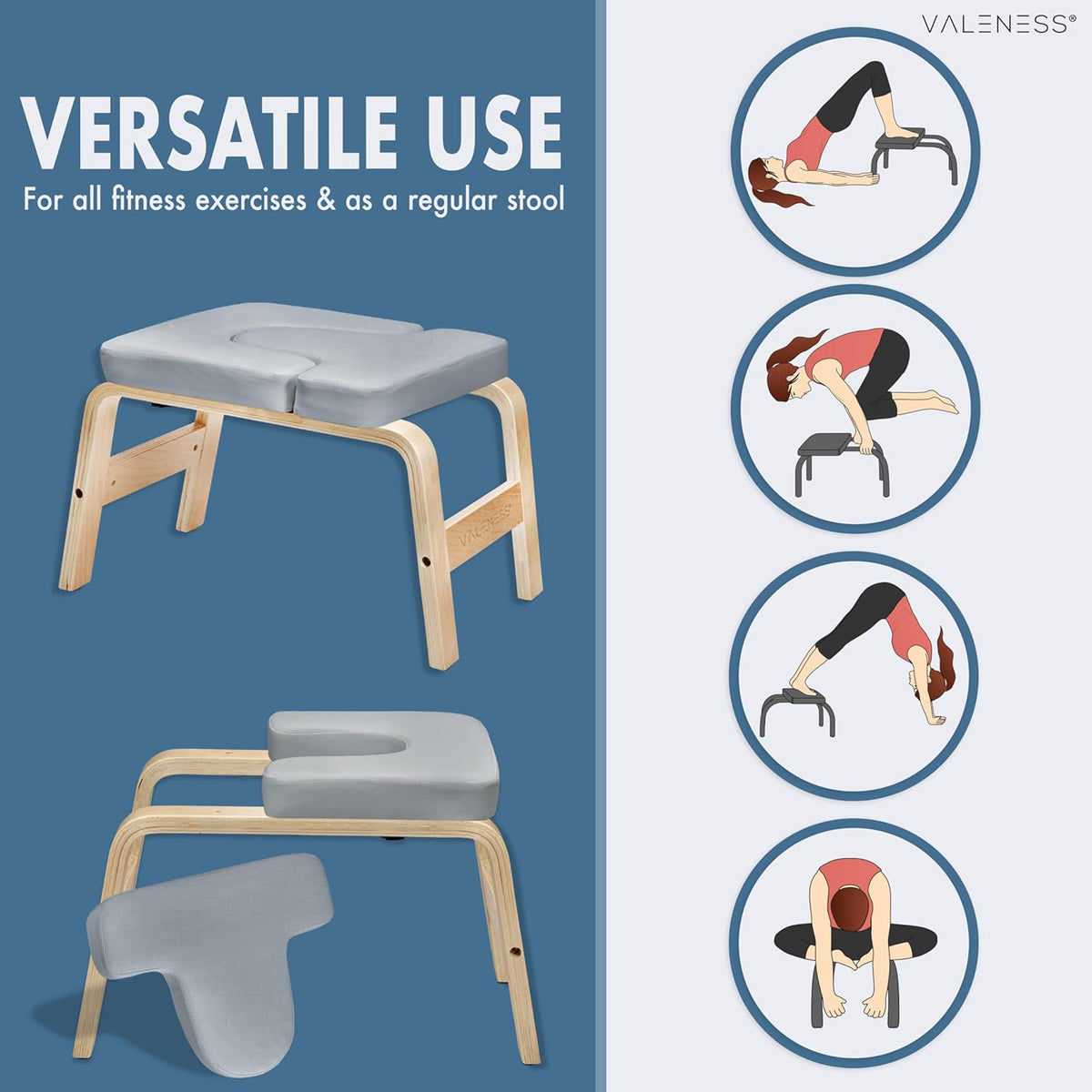 Yoga Hoogwaardig Headstand Bench Met Strijp, Blok & Oefenposters - Natuurhouten Yoga Stoel Voor Handstand Oefening - Textiel Grijs