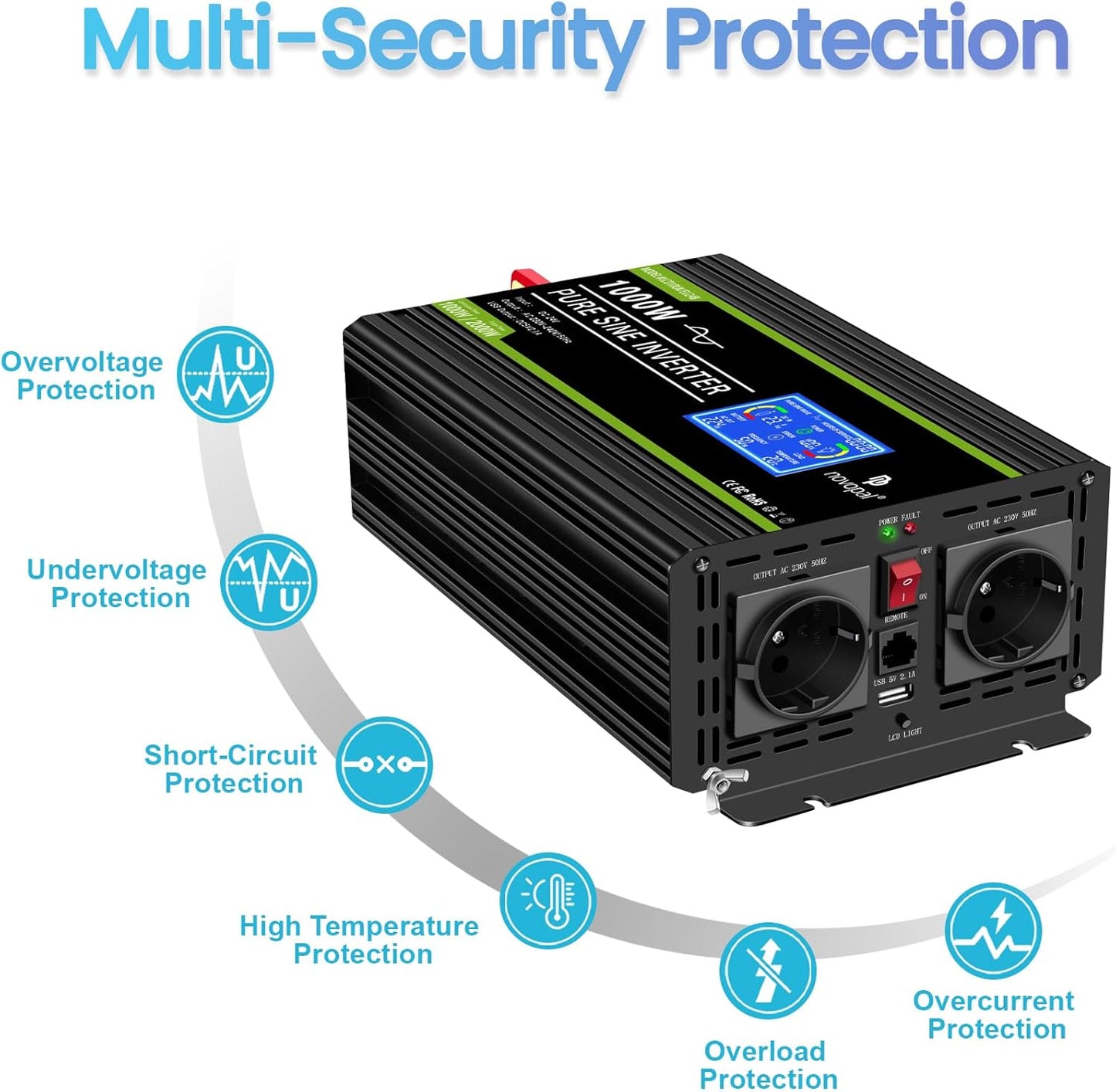 NOVOPAL 1000 W zuivere sinus omvormer DC 24 V naar AC 220V 230V omvormer met lcd-display en afstandsbediening - piekvermogen 2000 W spanningstransformator