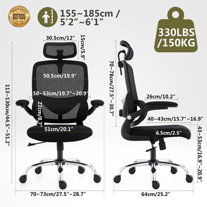 Ergonomic Office Chair, Swivel Office Chair with Mesh High Backrest, Adjustable Lumbar Support, Folding Armrests, Detachable Headrest, Space Saving, 155-185cm, up to 150kg