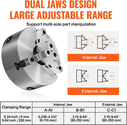 VEVOR 3-Jaw Self Centering Chuck, 10", 0.24-9.84in/6-250mm Clamping Range, With T-Key Fixing Screws Hexagonal Wrench, For Lathe 3D Printer Machining Center