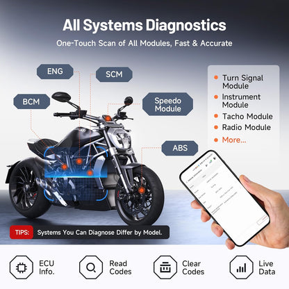 TopScan Motorfiets OBD2 Scanner Diagnostisch Hulpmiddel, Draadloze Motorfiets OBD2 Code Reader Past voor Harley, Ducati, BMW, Alle Systemen Motorbike Scan Tool met Hot Reset Functies, Data Stream