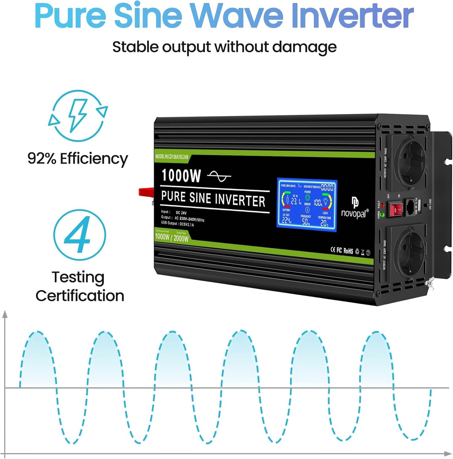 NOVOPAL 1000 W zuivere sinus omvormer DC 24 V naar AC 220V 230V omvormer met lcd-display en afstandsbediening - piekvermogen 2000 W spanningstransformator