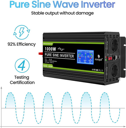 NOVOPAL 1000 W zuivere sinus omvormer DC 24 V naar AC 220V 230V omvormer met lcd-display en afstandsbediening - piekvermogen 2000 W spanningstransformator