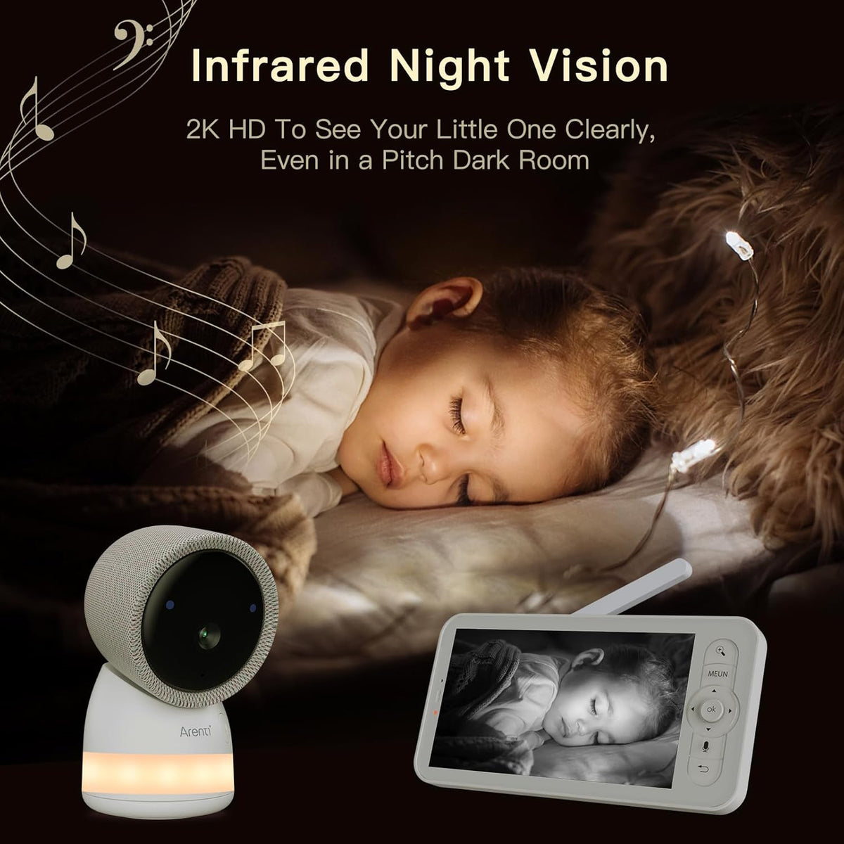 ARENTI 2,5 K/4 MP babymonitor, wifi, 355° kindercamera met monitor, 2,4 GHz & 5 GHz babymonitor, video met nachtzicht, geluidsherkenning, bidirectionele audio, borstherinnering