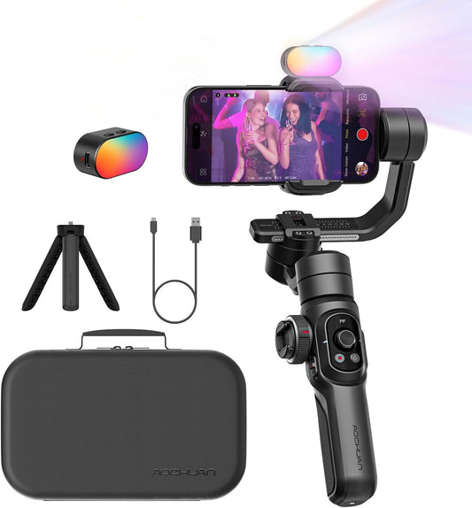 AOCHUAN Gimbal Stabilizer Voor Smartphone Met 8 Inch Verlengstang, 3-Assige Stabilizer Met RGB Magnetisch Vullicht Voor Video-Opname, Compatibel Met iPhone/Android