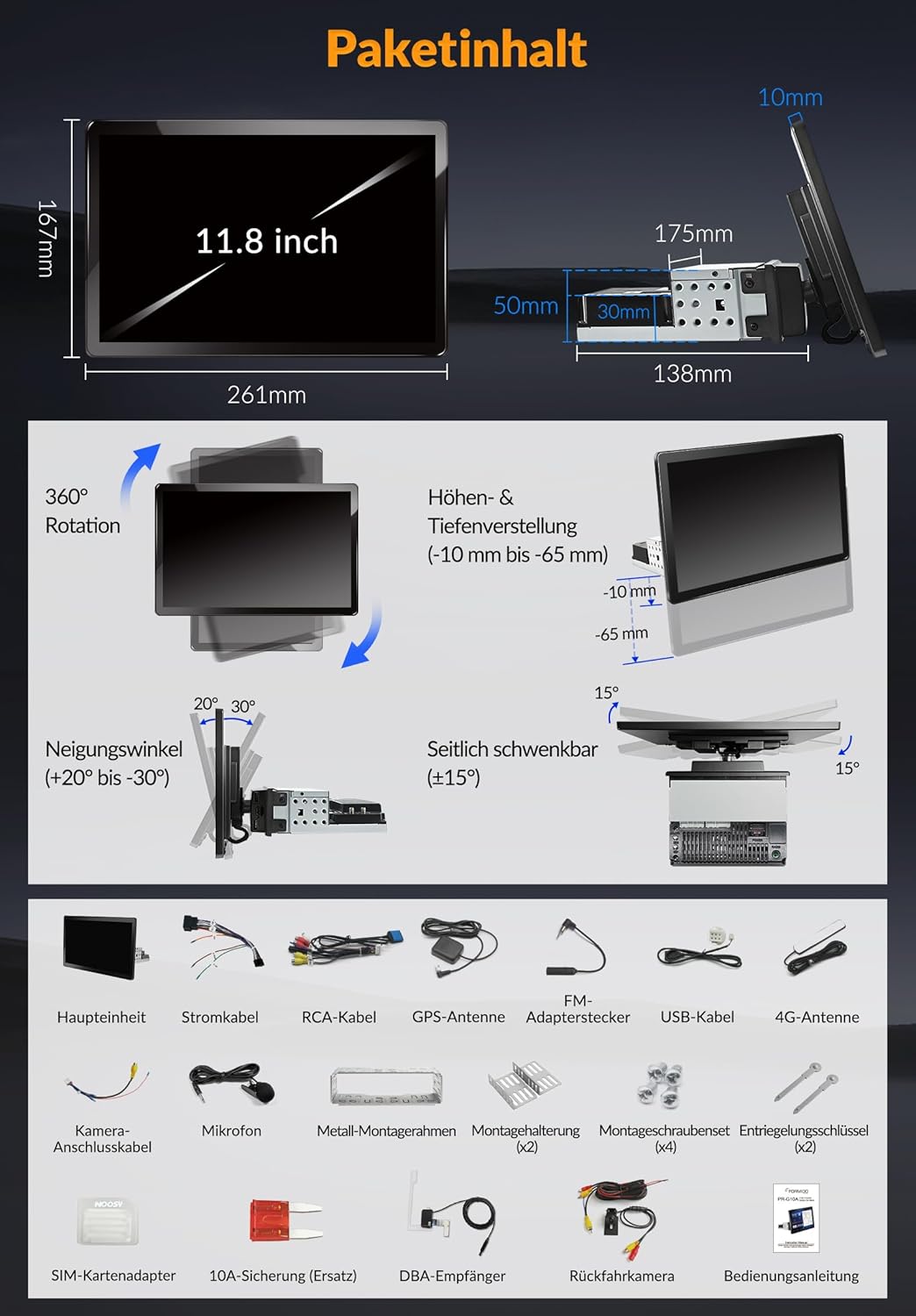 PORMIDO autoradio met scherm:11,8 inch 2K touchdisplay met DAB+ draadloze Apple CarPlay & Android Auto 1din radio 8-core 4GB+64GB Android 13 Navi WiFi Bluetooth achteruitrijcamera voor auto-upgrade