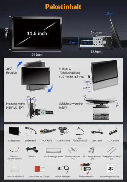 PORMIDO autoradio met scherm:11,8 inch 2K touchdisplay met DAB+ draadloze Apple CarPlay & Android Auto 1din radio 8-core 4GB+64GB Android 13 Navi WiFi Bluetooth achteruitrijcamera voor auto-upgrade