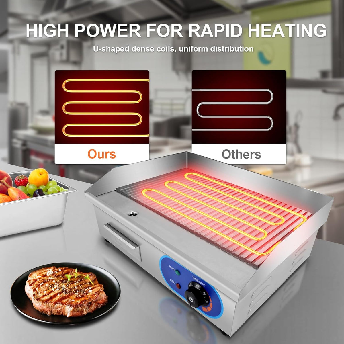 TAIMIKO Elektrische grillplaat, 3000 W, commercieel werkblad, gegroefde grillplaat, hete plaat, elektrische grill, tafelgrill, geribbeld oppervlak, barbecue, steaks, worstjes
