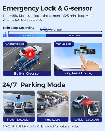 AZDOME 3 lens dashcam 4K+1080P+2.5K auto camera met wifi, GPS, 4K camera voor, super nachtzicht, parkeerbewaking, loopopname, WDR, G-sensor, 3,19 inch IPS-scherm voor Taxiis (M550 MAX)