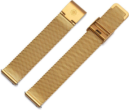 Carre plat dameshorloge met Milanese band, saffierglas, 26 x 28 mm diameter, roestvrij staal, datum in verschillende varianten, goud/parelmoer, armband