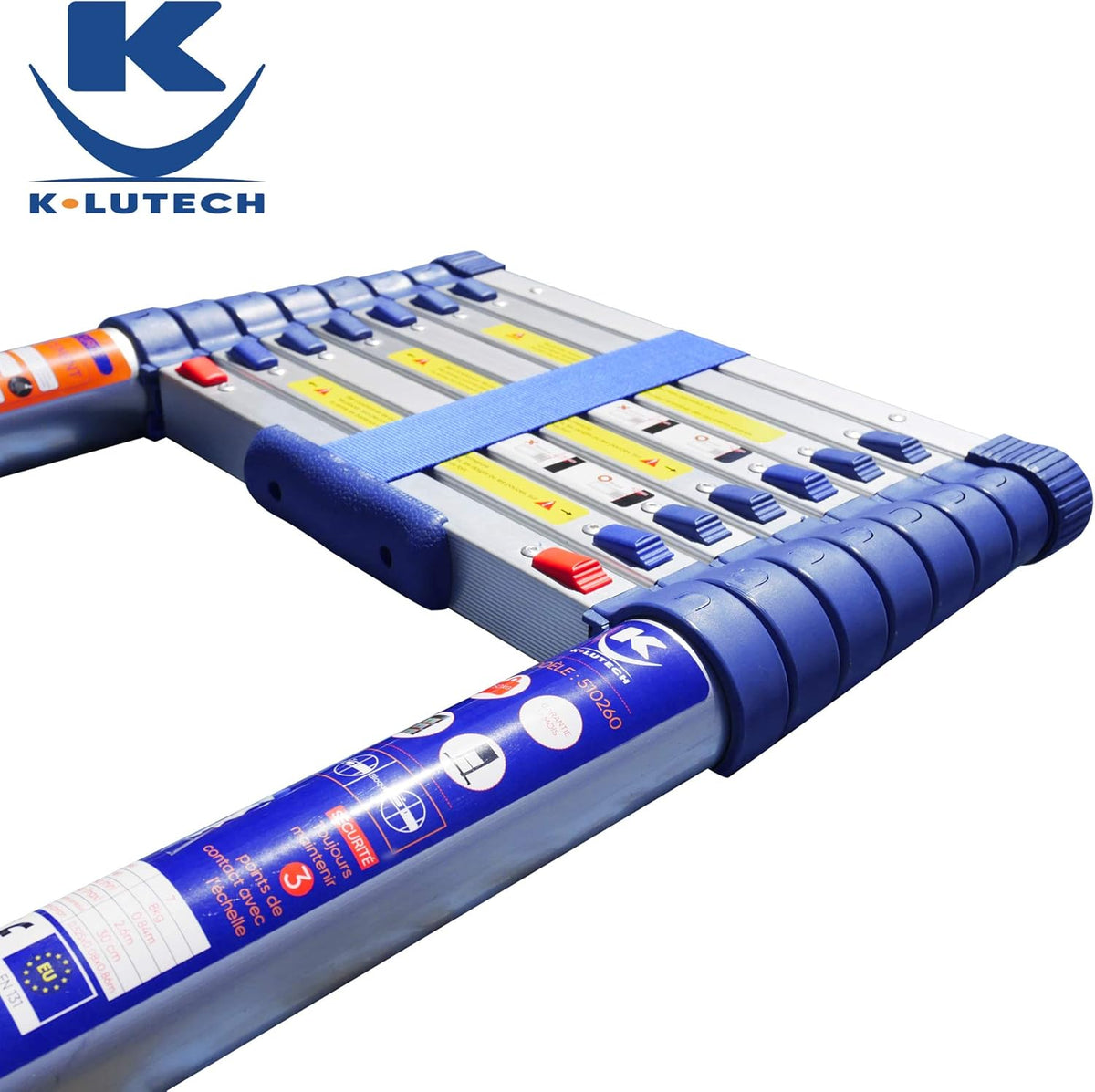 K • Lutech Telescoopladder, inklapbaar, gemaakt van hoogwaardig aluminium, gecertificeerd tot 150 kg, EN131 CE (260 cm)