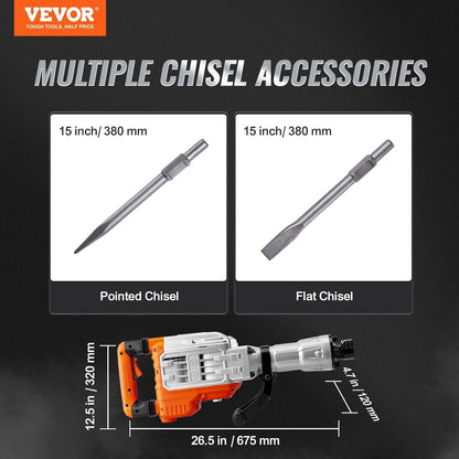 VEVOR Demolition Hammer, 3500W, Hammer, 60J 1900BPM, Hammer Drill with 2 Interchangeable Chisels, 360° Rotating Handle, Anti-Vibration, Concrete Crusher for Chiseling, Construction, Plumbing
